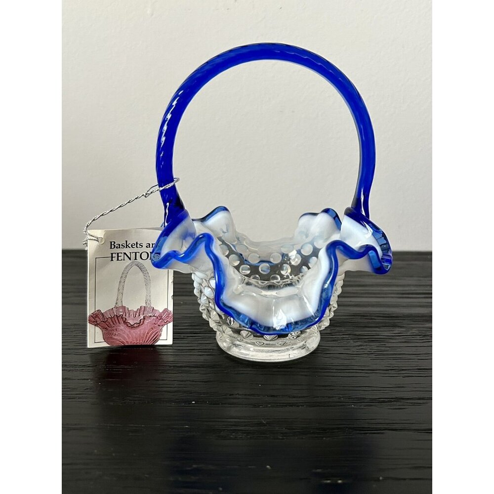 VTG Fenton Blue Opalescent Hobnail Glass Basket with Ruffled Edge New Old Stock